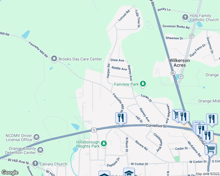 map of restaurants, bars, coffee shops, grocery stores, and more near 403 Faucette Mill Road in Hillsborough