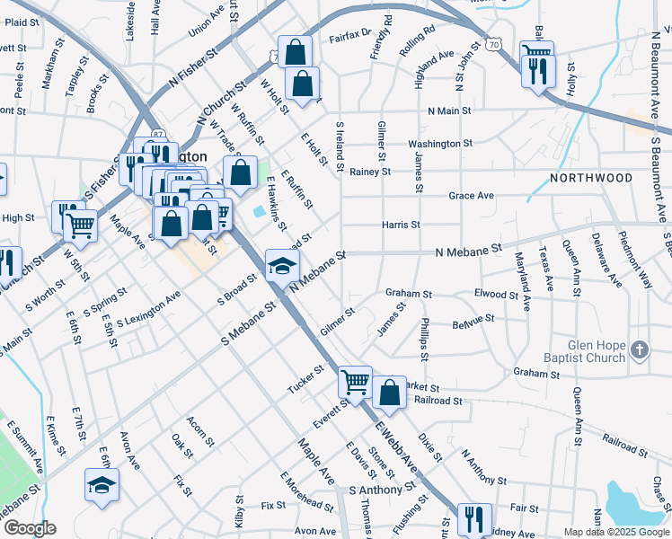 map of restaurants, bars, coffee shops, grocery stores, and more near 511 South Ireland Street in Burlington
