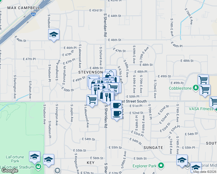 map of restaurants, bars, coffee shops, grocery stores, and more near 4901 South Sheridan Road in Tulsa