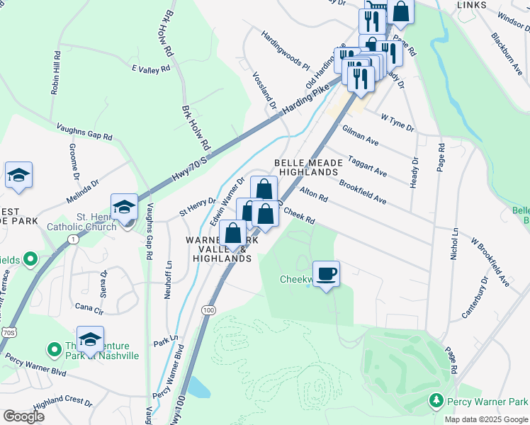 map of restaurants, bars, coffee shops, grocery stores, and more near 6514 Tennessee 100 in Nashville
