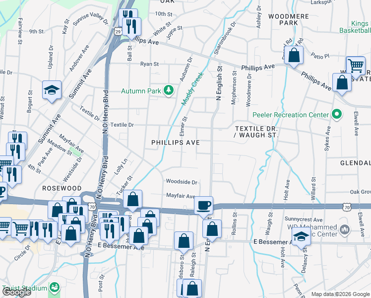 map of restaurants, bars, coffee shops, grocery stores, and more near 1203 Hickory Avenue in Greensboro