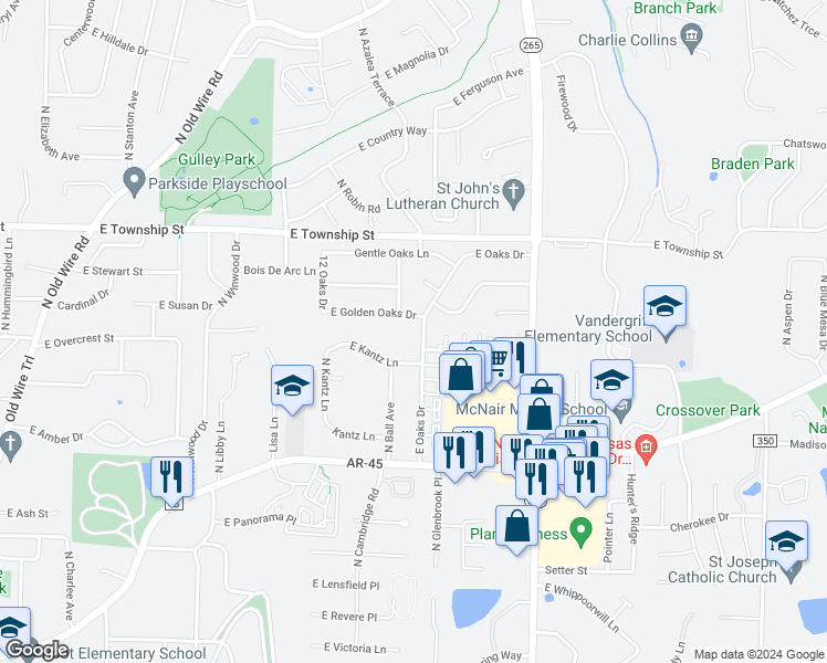 map of restaurants, bars, coffee shops, grocery stores, and more near 2229 East Oaks Drive in Fayetteville