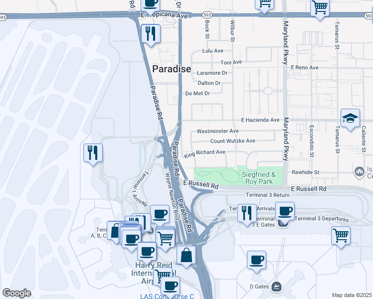 map of restaurants, bars, coffee shops, grocery stores, and more near 5407 South University Center Drive in Las Vegas