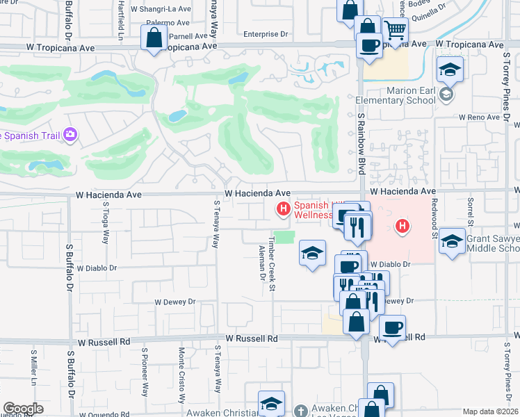 map of restaurants, bars, coffee shops, grocery stores, and more near 5347 Boschetto Street in Las Vegas