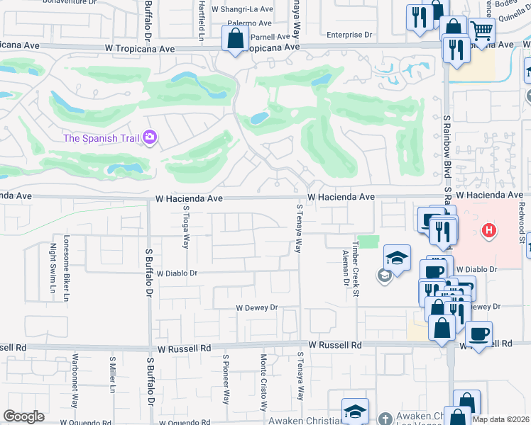 map of restaurants, bars, coffee shops, grocery stores, and more near Tropicana Flamingo Wash Trail in Las Vegas