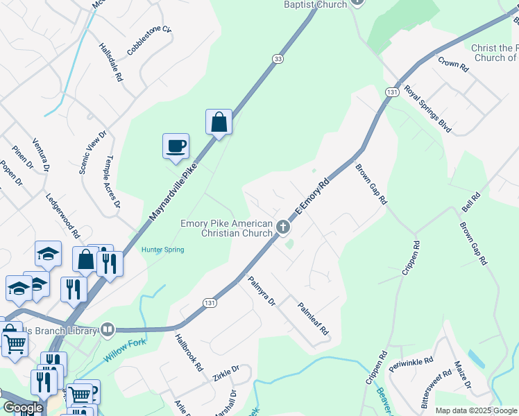 map of restaurants, bars, coffee shops, grocery stores, and more near 7540 Emory Cove Way in Knoxville