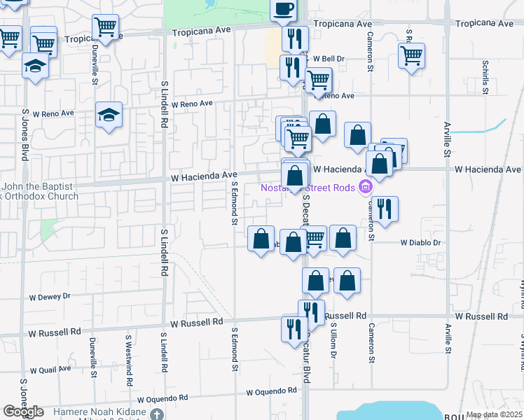 map of restaurants, bars, coffee shops, grocery stores, and more near 5055 West Hacienda Avenue in Las Vegas