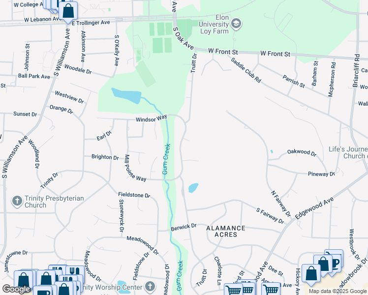 map of restaurants, bars, coffee shops, grocery stores, and more near 512 Truitt Drive in Elon