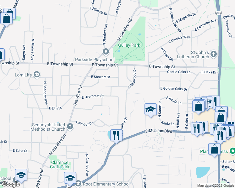 map of restaurants, bars, coffee shops, grocery stores, and more near 1736 East Overcrest Street in Fayetteville