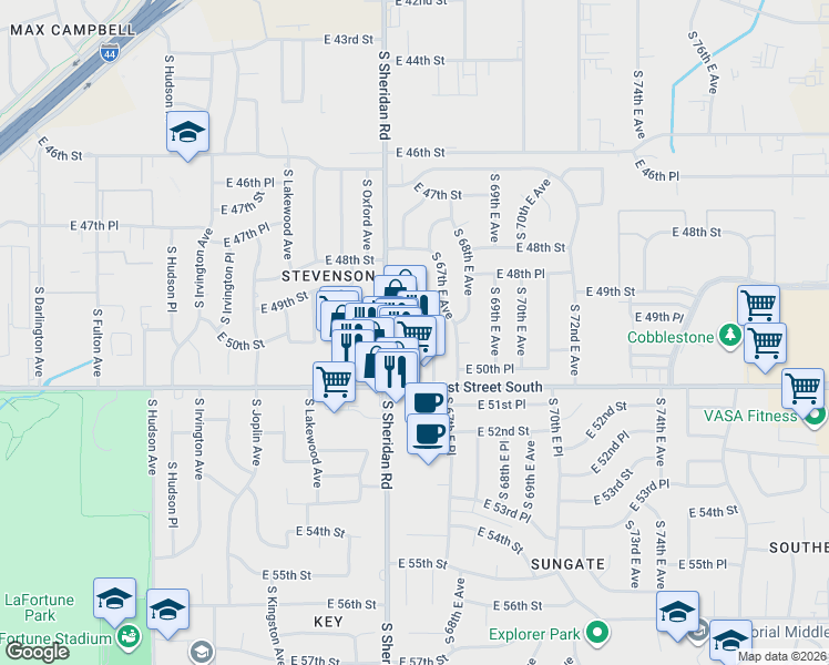map of restaurants, bars, coffee shops, grocery stores, and more near 4901 South Sheridan Road in Tulsa