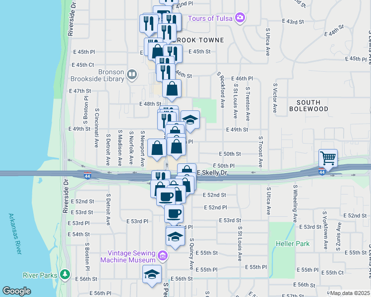 map of restaurants, bars, coffee shops, grocery stores, and more near 4934 South Quaker Avenue in Tulsa