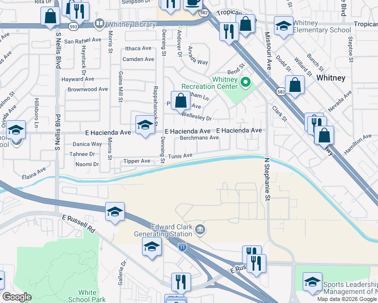 map of restaurants, bars, coffee shops, grocery stores, and more near 5380 Tunis Circle in Las Vegas
