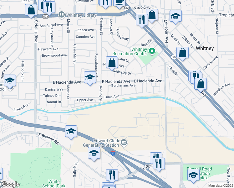 map of restaurants, bars, coffee shops, grocery stores, and more near 5380 Tunis Circle in Las Vegas