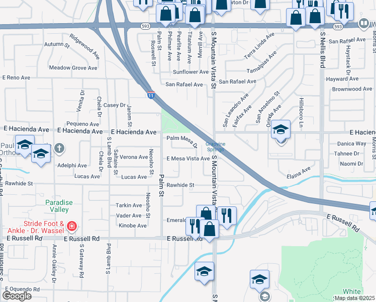 map of restaurants, bars, coffee shops, grocery stores, and more near 4515 Palm Grove Drive in Las Vegas