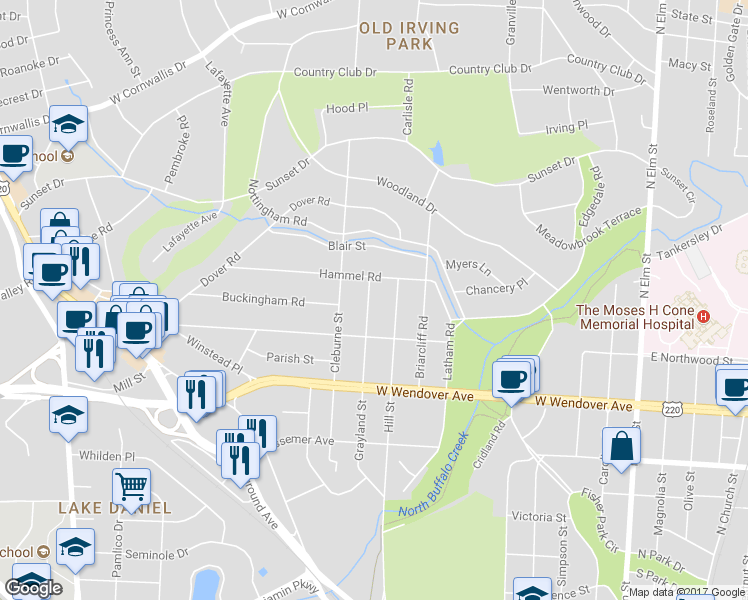map of restaurants, bars, coffee shops, grocery stores, and more near 1214 Grayland Street in Greensboro