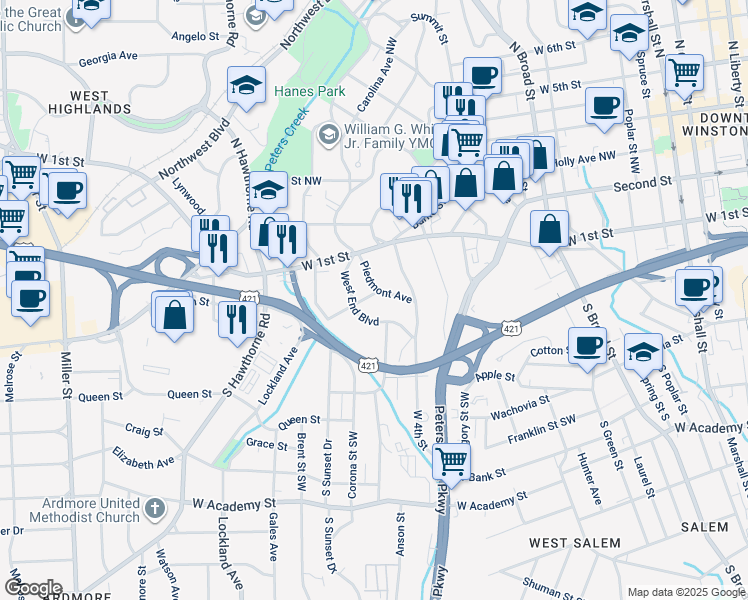 map of restaurants, bars, coffee shops, grocery stores, and more near 1406 Jarvis Street Southwest in Winston-Salem