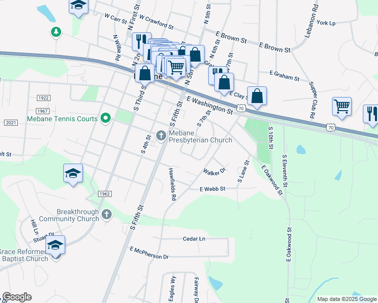 map of restaurants, bars, coffee shops, grocery stores, and more near 304 South 7th Street in Mebane