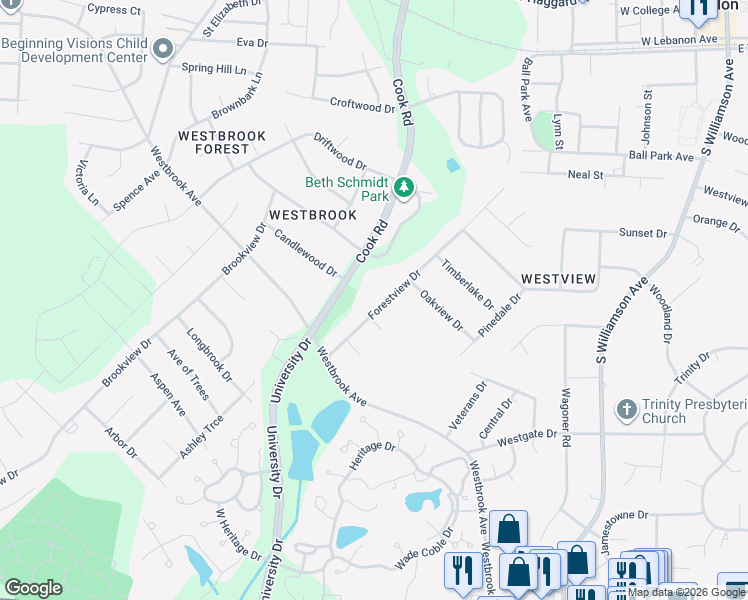 map of restaurants, bars, coffee shops, grocery stores, and more near 113 Forestview Drive in Elon