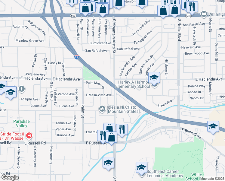 map of restaurants, bars, coffee shops, grocery stores, and more near 5383 South Mountain Vista Street in Las Vegas