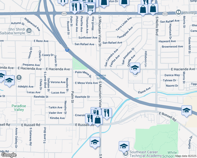 map of restaurants, bars, coffee shops, grocery stores, and more near 5383 South Mountain Vista Street in Las Vegas