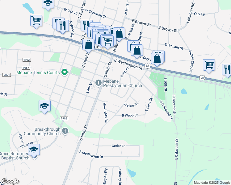 map of restaurants, bars, coffee shops, grocery stores, and more near 304 South 7th Street in Mebane