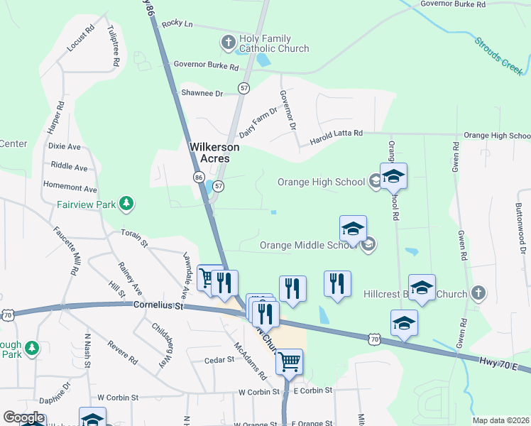 map of restaurants, bars, coffee shops, grocery stores, and more near 211 Rencher Street in Hillsborough