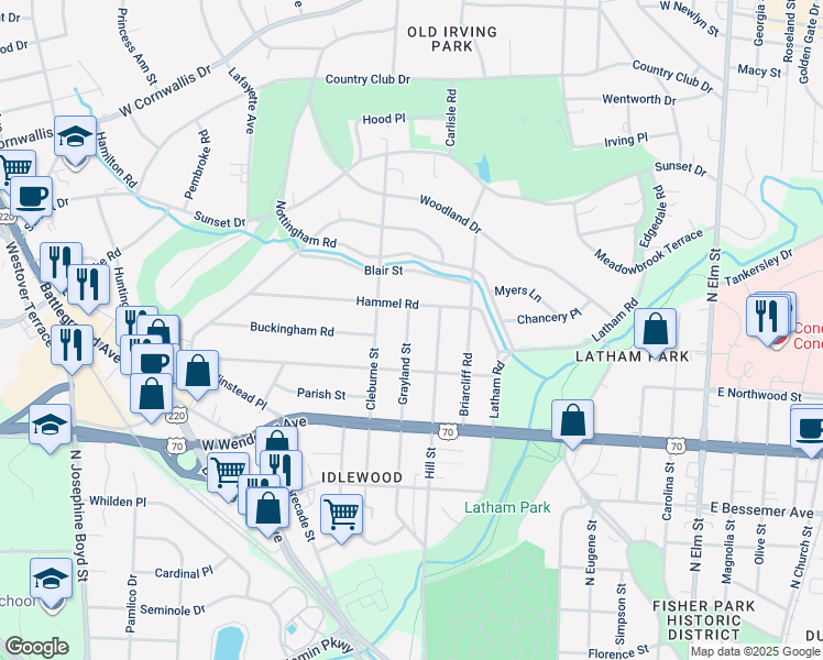 map of restaurants, bars, coffee shops, grocery stores, and more near 1214 Grayland Street in Greensboro