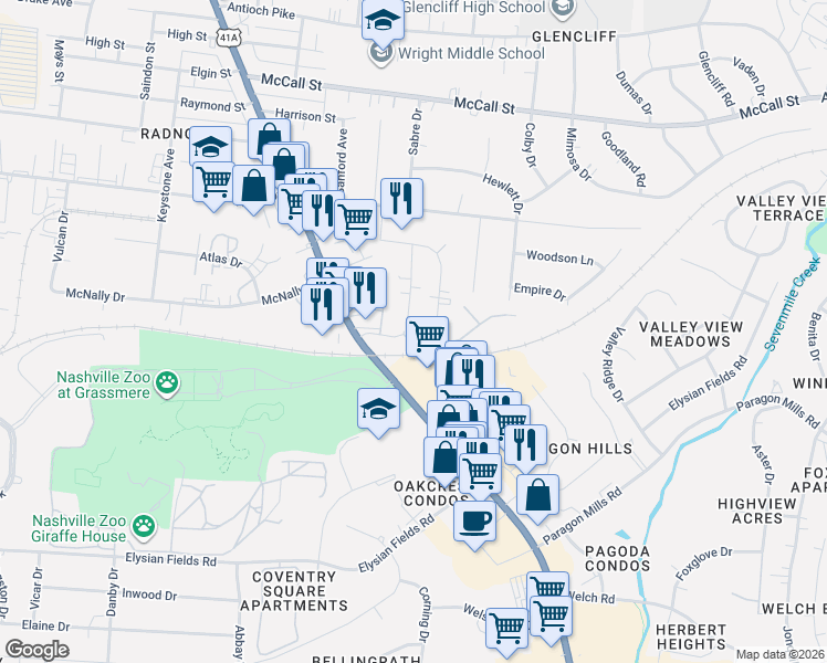 map of restaurants, bars, coffee shops, grocery stores, and more near 205 Yelton Court in Nashville