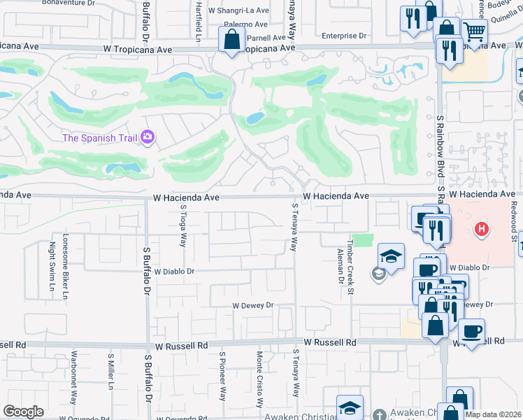 map of restaurants, bars, coffee shops, grocery stores, and more near Tropicana Flamingo Wash Trail in Las Vegas