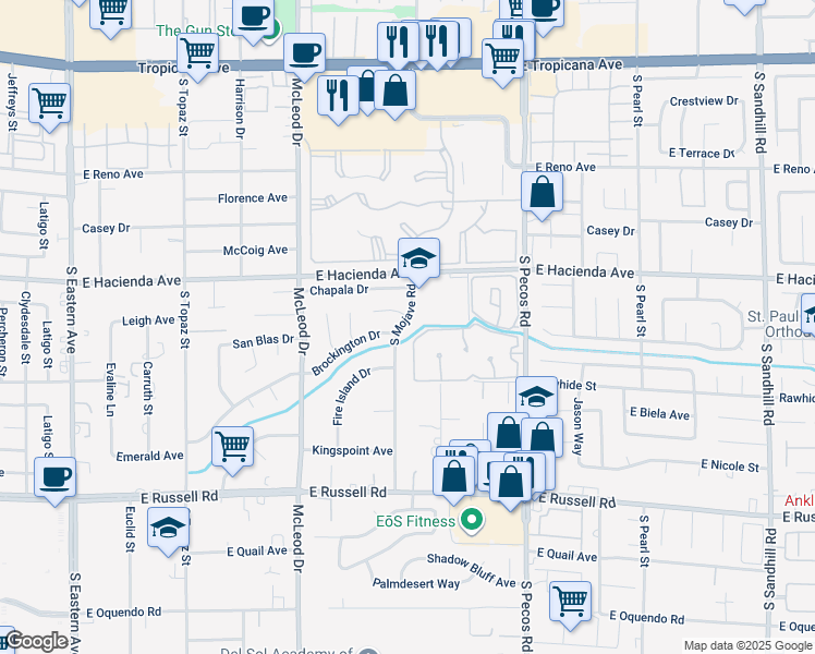 map of restaurants, bars, coffee shops, grocery stores, and more near 5410 South Mojave Road in Las Vegas