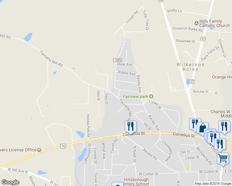 map of restaurants, bars, coffee shops, grocery stores, and more near 403 Faucette Mill Road in Hillsborough
