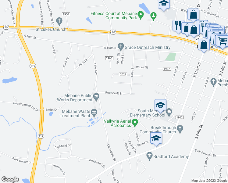 map of restaurants, bars, coffee shops, grocery stores, and more near 718 Roosevelt Street in Mebane
