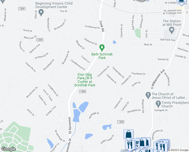 map of restaurants, bars, coffee shops, grocery stores, and more near 113 Forestview Drive in Elon
