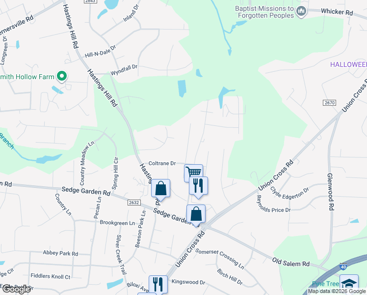 map of restaurants, bars, coffee shops, grocery stores, and more near 888 Appaloosa Trail in Kernersville