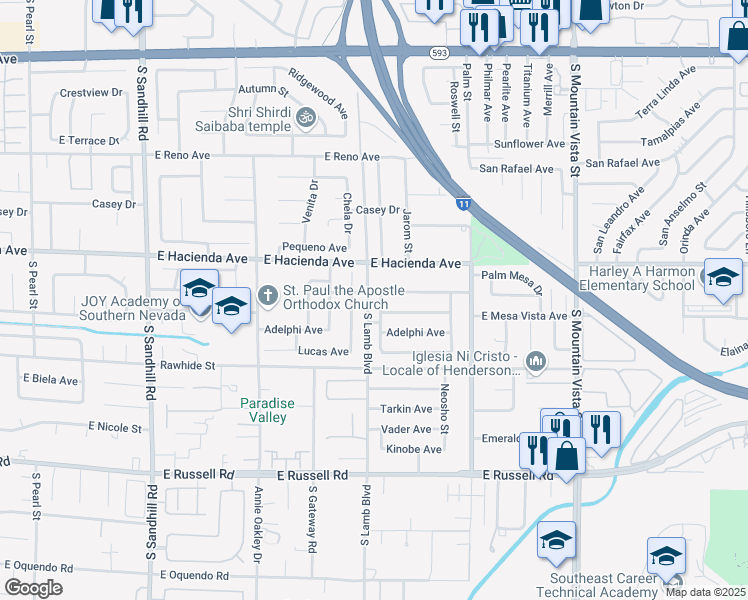 map of restaurants, bars, coffee shops, grocery stores, and more near 5375 Saltaire Street in Las Vegas