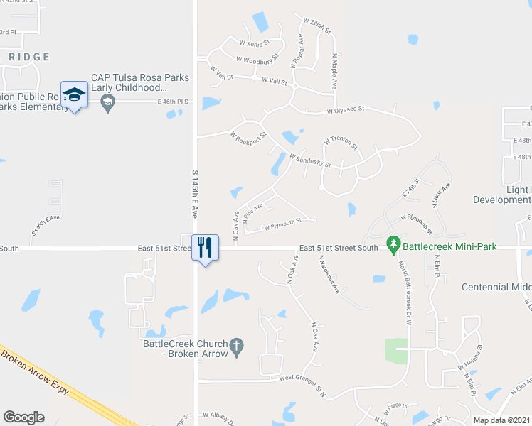 map of restaurants, bars, coffee shops, grocery stores, and more near 1711 West Plymouth Place in Broken Arrow