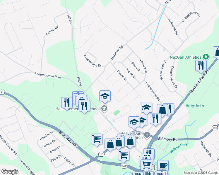 map of restaurants, bars, coffee shops, grocery stores, and more near 7524 Larue Lane in Knoxville