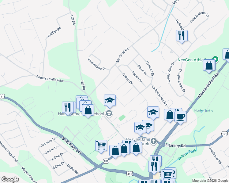 map of restaurants, bars, coffee shops, grocery stores, and more near 7524 Larue Lane in Knoxville