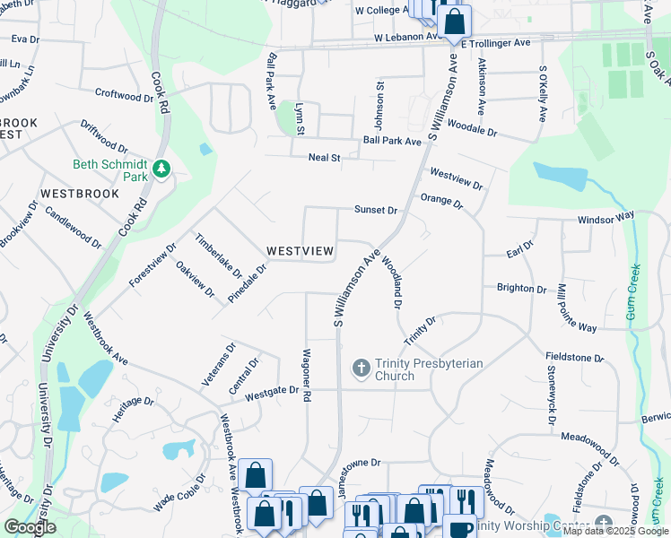 map of restaurants, bars, coffee shops, grocery stores, and more near 207 Courtland Drive in Elon