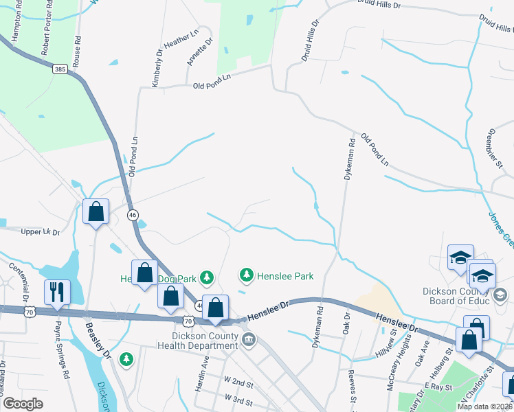 map of restaurants, bars, coffee shops, grocery stores, and more near 209 Birdie Court in Dickson