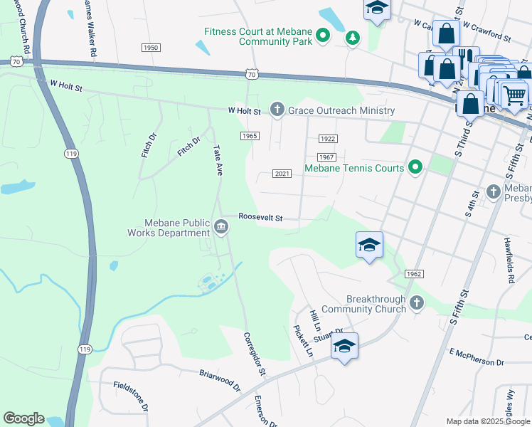 map of restaurants, bars, coffee shops, grocery stores, and more near 716 Roosevelt Street in Mebane