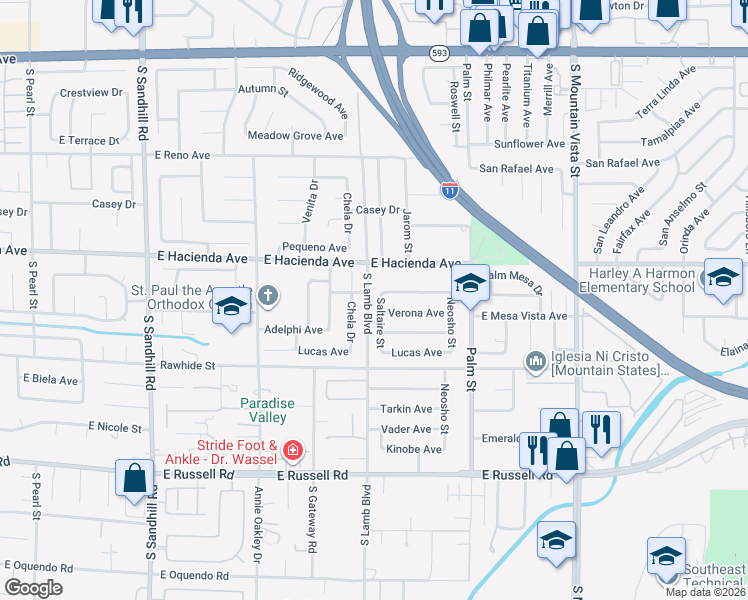 map of restaurants, bars, coffee shops, grocery stores, and more near 5375 Saltaire Street in Las Vegas