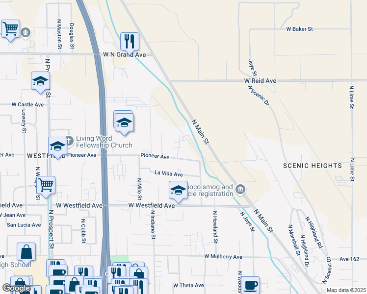 map of restaurants, bars, coffee shops, grocery stores, and more near 1444 Cottage Place in Porterville