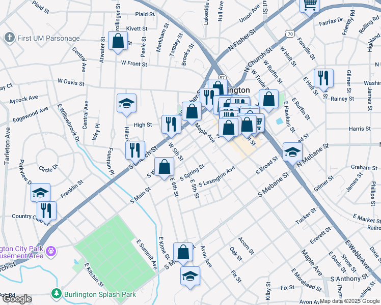 map of restaurants, bars, coffee shops, grocery stores, and more near 612 South Main Street in Burlington