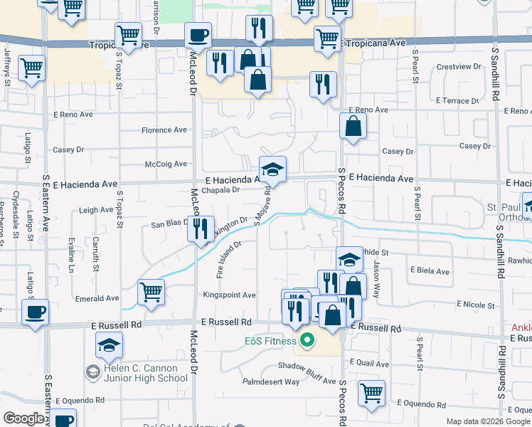 map of restaurants, bars, coffee shops, grocery stores, and more near 5410 South Mojave Road in Las Vegas
