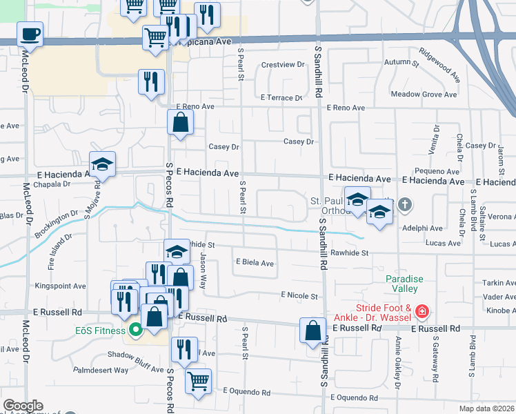 map of restaurants, bars, coffee shops, grocery stores, and more near 5391 South Bramble Lane in Las Vegas