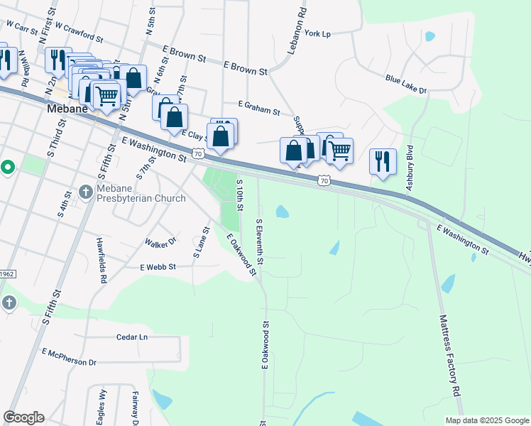 map of restaurants, bars, coffee shops, grocery stores, and more near 221 South 11th Street in Mebane