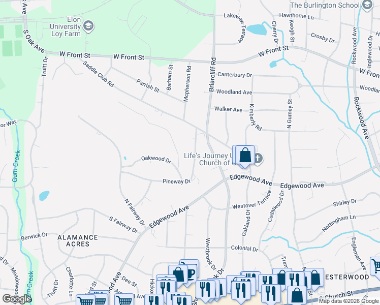 map of restaurants, bars, coffee shops, grocery stores, and more near 2516 Pineway Drive in Burlington
