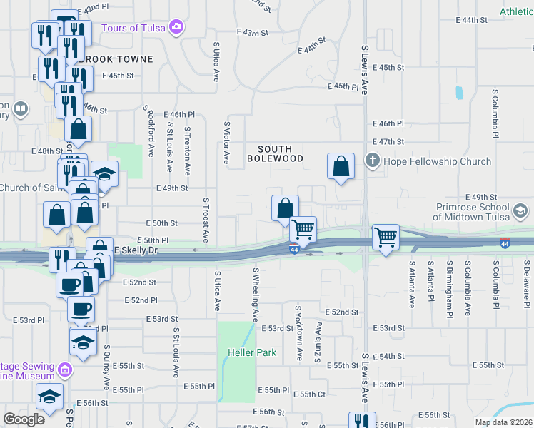 map of restaurants, bars, coffee shops, grocery stores, and more near 1914 East 49th Street in Tulsa