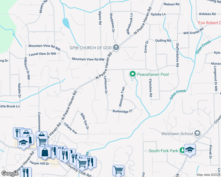 map of restaurants, bars, coffee shops, grocery stores, and more near 419 Lynhaven Drive in Winston-Salem
